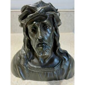 Bronze Jesus Christ Bust Statue Crown Of Thorns, Crucifixion- Signed sculpture